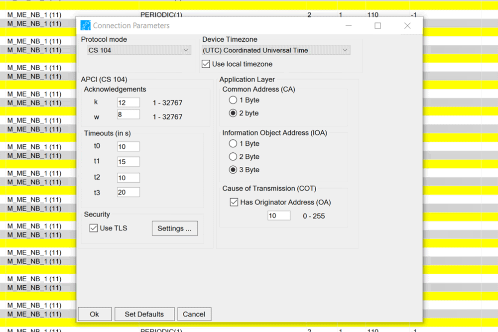 connection parameters 104